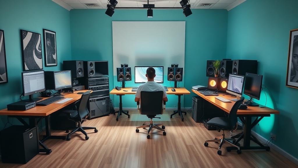 Wide desk camera angle example for an AI studio portrait